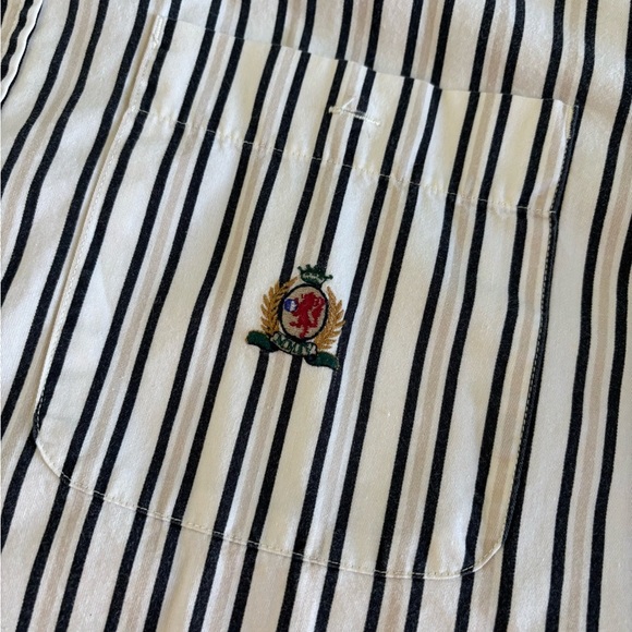 Bugle Boy Classics Mens Shirt Size Lg White Black Tan Striped S/S Button Up Logo - Picture 7 of 8